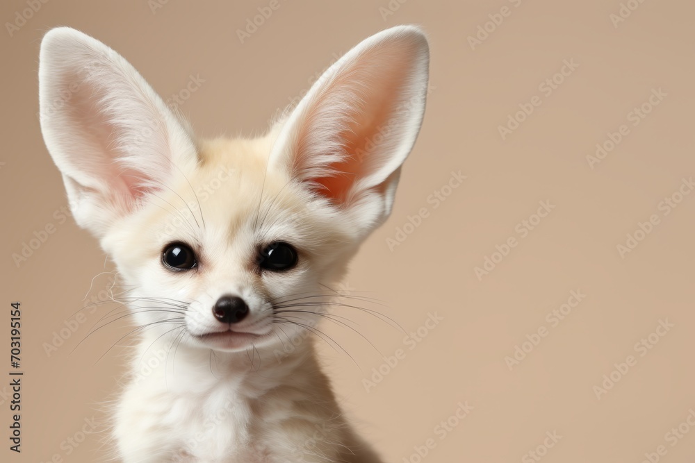 A portrait shot captures a small, adorable fennec fox with large, pointy ears.
