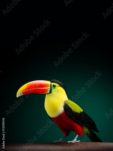 A detailed, ultra-realistic 3d illustration shows a couple of colorful toucans sitting on a wooden table.