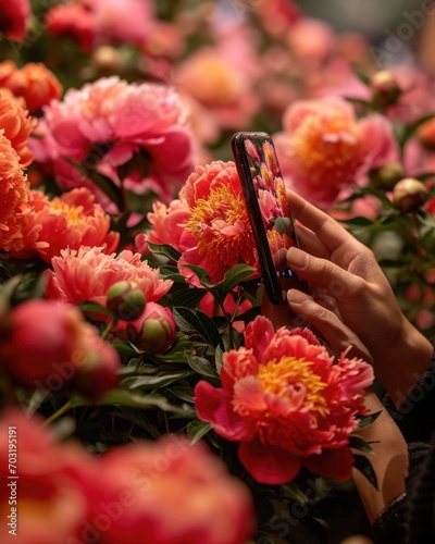 close-up of a woman's hand holding a smartphone, which is used to film coral peonies. The frame on the smartphone is clear, the peonies behind the smartphone are blurred © Татьяна Креминская