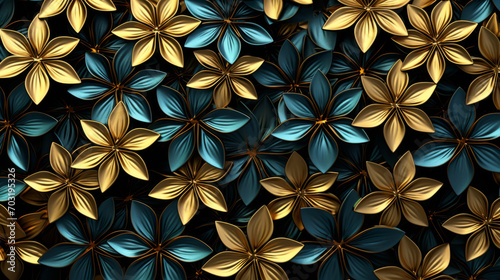 A beautiful iPhone wallpaper features a chaotic pattern of blue and gold leaf flowers on a black background.