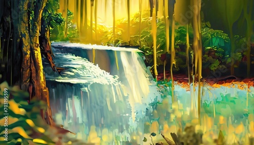 Waterfall green tropical forest nature blurred gold background