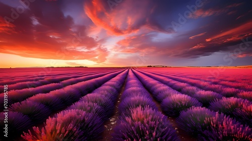 Fields of blooming lavender stretching towards the horizon under a vast sky painted with hues of pink and orange during sunset