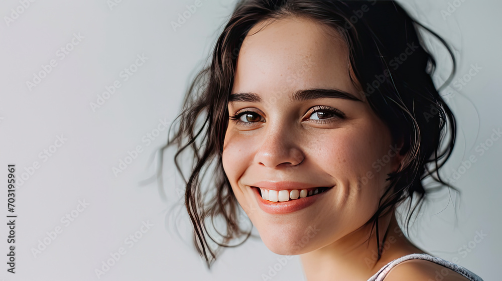 Portrait of young happy woman looks in camera on white background