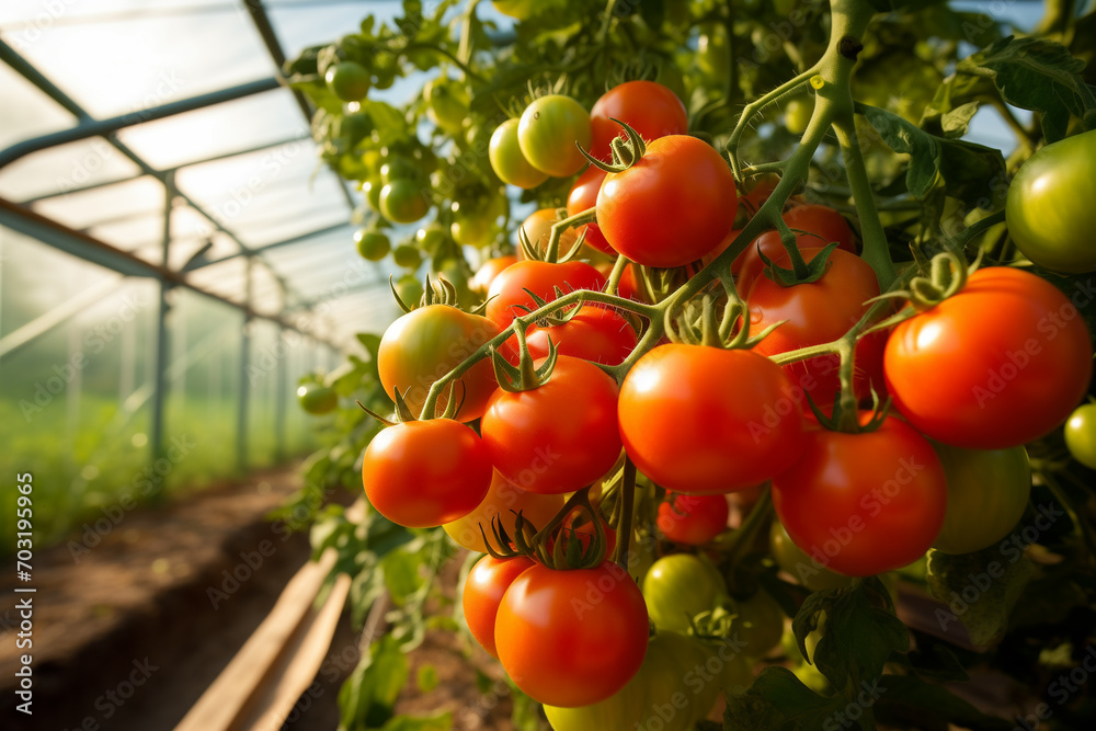 growing tomatoes in a greenhouse, Greenhouse to grow tomatoes, Tomatoes ripening on hanging stalk in greenhouse, generative ai