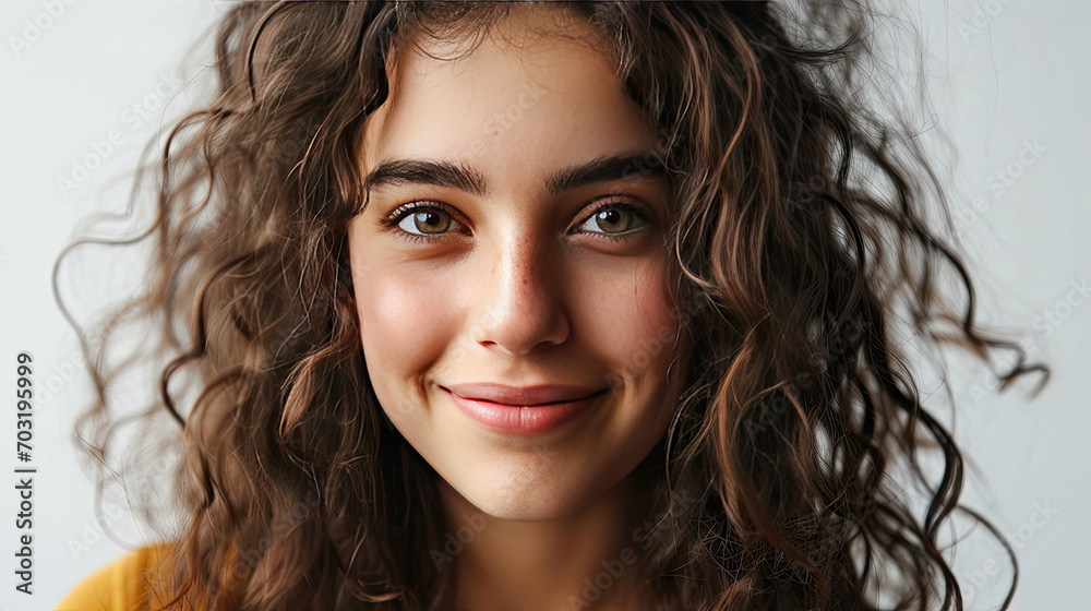 Portrait of young happy woman looks in camera on white background Portrait of young happy woman looks in camera on white background