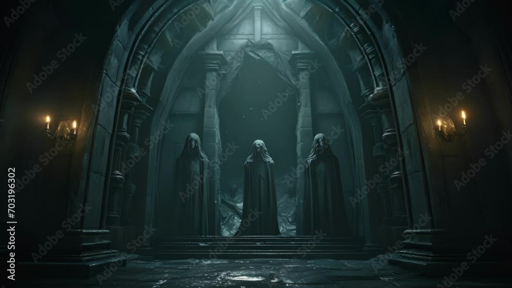 An ominous crypt shrouded in a mantle of darkness the entrance flanked