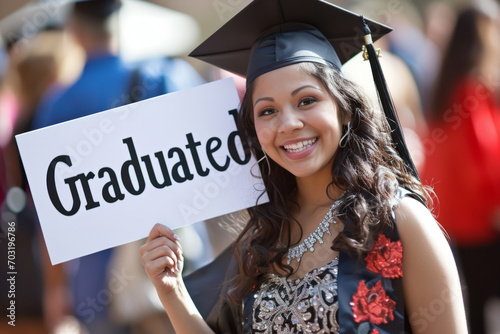 Graduated concept image with college student in regalia on graduation day holding a graduated sign