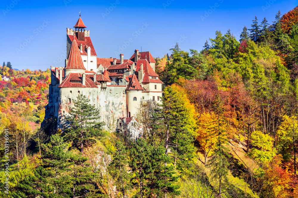 Brasov, Romania. Autumn stunning colored landscape with Bran Castle, known for the myth of Dracula, Transylvania.