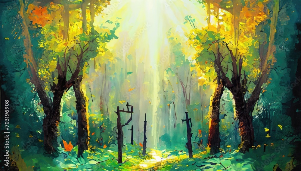 Excellent in the forest with the light of God art painting - obrazy, fototapety, plakaty 