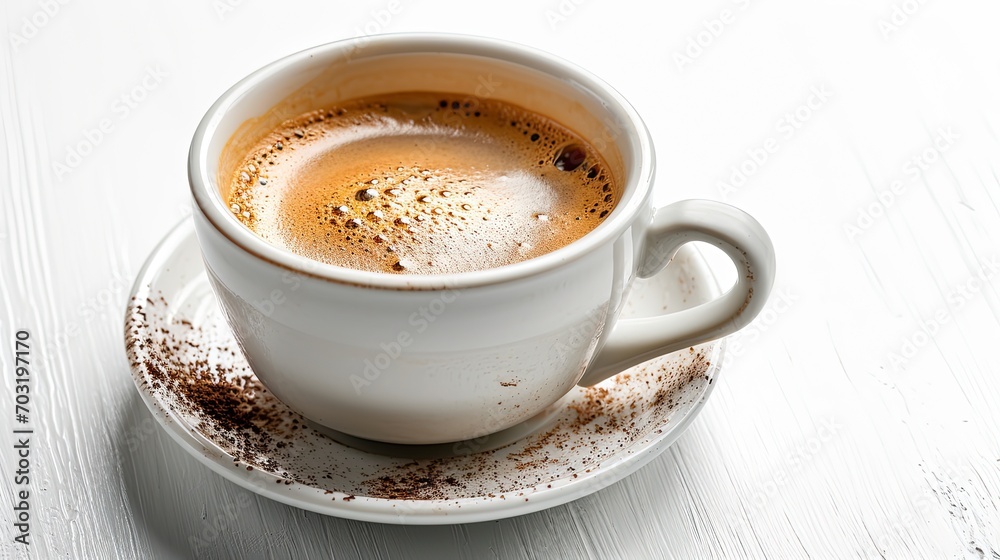 White cup of brown foam coffee isolated on white wood background