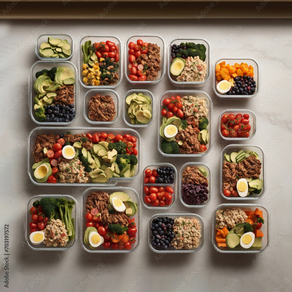 Healthy fruit salad with rice blackberry orange cherry tomato egg served on lunch boxes Healthy fruit salad with rice blackberry orange cherry tomato egg served on lunch boxes