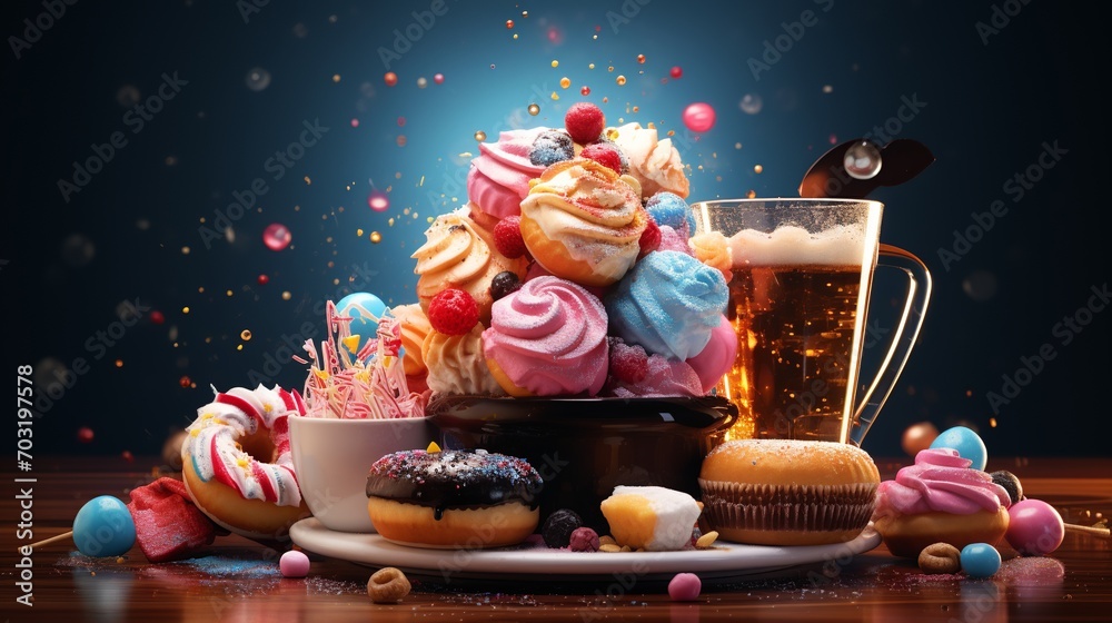 sweet food vector icon, sweet cake combined with a glass of ice cream