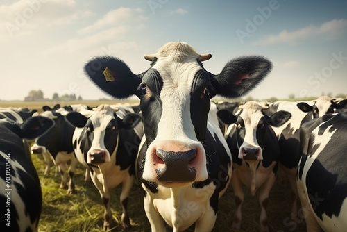 Flock of black and white cows in a row on a farm. Herd of cows in a meadow on a sunny day. ai generated photo