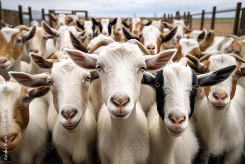 Flock of white goats on a farm. herd of goats on a farm in the summer. selective focus. ai generated photo