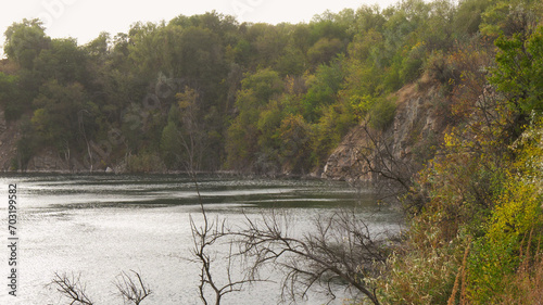 Rocky seascape with abundant vegetation.