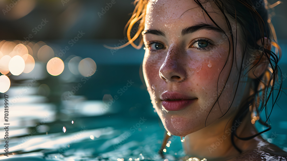 A female swimmer, natural sunlight pouring in, dressed in professional suits