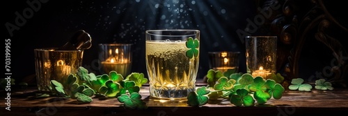 Green beer and four-leaf clover on table for St Patricks Day celebration  traditional Irish holiday
