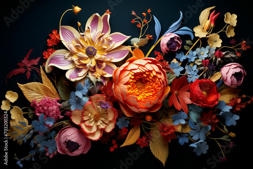 Beautiful autumn bouquet of flowers on a black background. Studio photography. ai generated photo