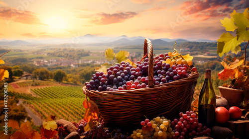 Grape harvest in a basket in the garden. Selective focus.