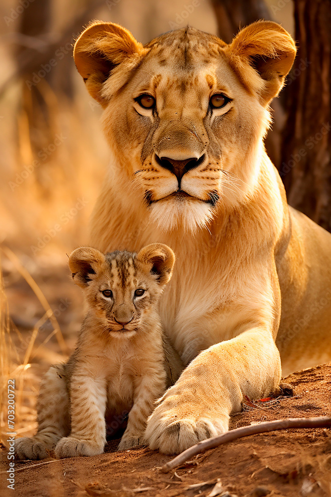 Lioness with a little lion cub. Selective focus. Lioness with a little lion cub. Selective focus.