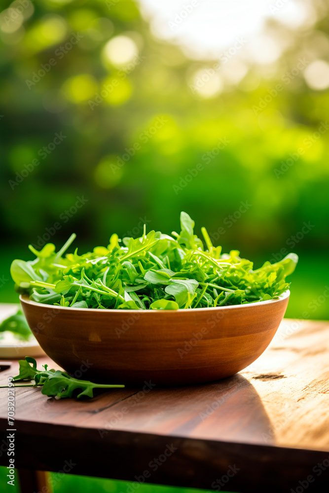 Arugula in a bowl against the backdrop of the garden. Selective focus.