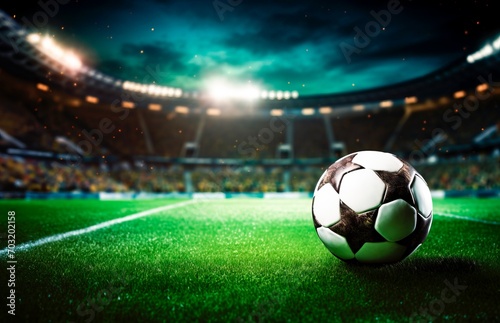 soccer ball on the grass with the stadium, ights on horizontal banner, sport and entertainment concept, copy space for text