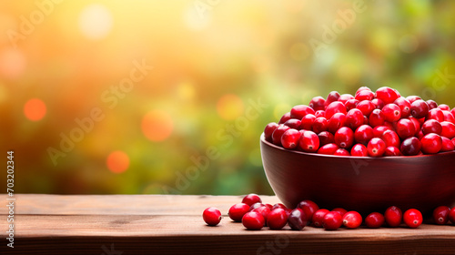 Cranberries in a bowl against the backdrop of the garden. Selective focus.