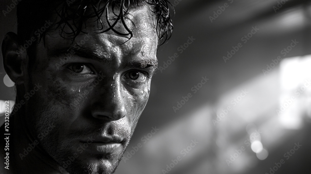 Intense Black and White Portrait of Determined Sweaty Man Intense Black and White Portrait of Determined Sweaty Man