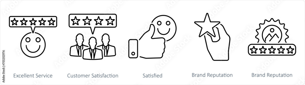 A set of 5 customer service icons as excellent service, customer satisfaction, satisfied A set of 5 customer service icons as excellent service, customer satisfaction, satisfied