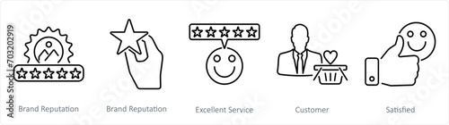 A set of 5 customer service icons as brand reputation, excellent service, customer