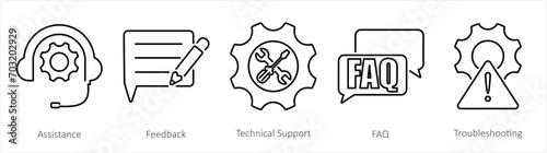 A set of 5 customer service icons as assistance, feedback, technical support