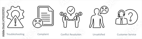 A set of 5 customer service icons as troubleshooting, complaint, conflict resolution