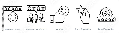 A set of 5 customer service icons as excellent service, customer satisfaction, satisfied