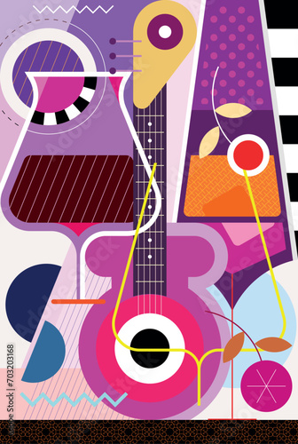 Cocktail and music party vector illustration. Creative design with classic guitar  cocktail glasses and abstract shapes.