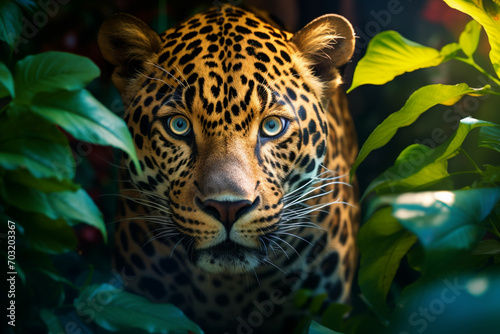 Leopard in the jungle, close-up portrait of a wild animal. ai generated photo