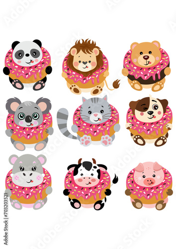 Set of cute animals inside a delicious donut