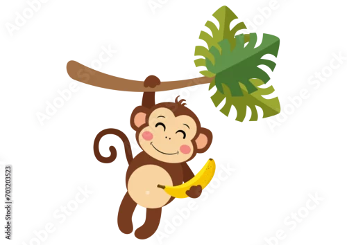 Obraz Happy monkey hanging from palm branch holding a banana