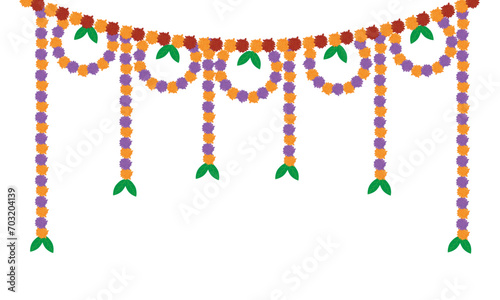 Traditional indian marigold toran floral garland vector,wedding and festival decoration,border flower decoration with transparent background