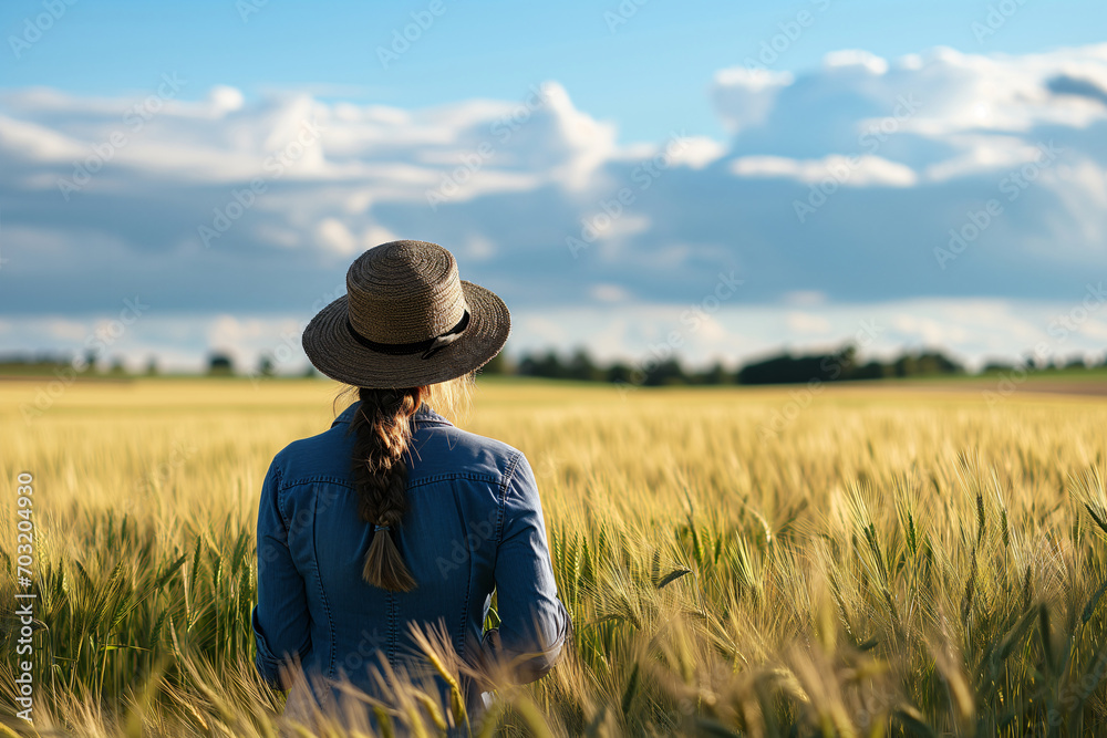 farmer woman with hat in wheat field