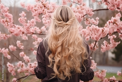 girl with pink hair by blooming tree photo