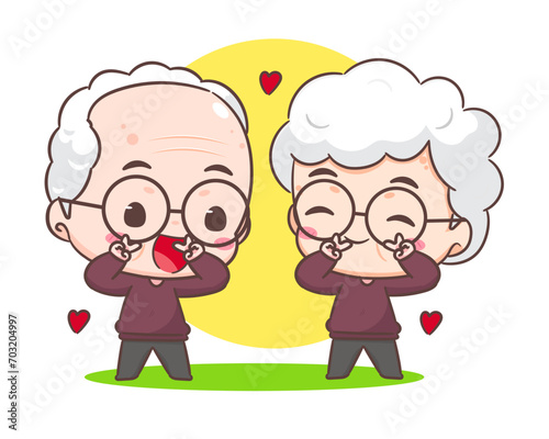 cute couple grandparents. Grandpa and grandma cartoon character. Happy old couple. Chibi vector style. Isolated white background