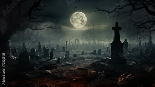 An ancient graveyard shrouded in fog beneath a crescent moon. photo