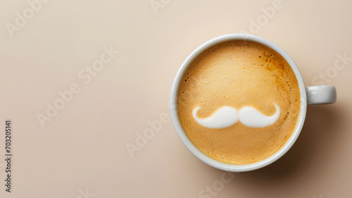 White cup with latte on beige background, copy space. Mustache pattern on coffee surface. Father's Day concept.
