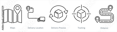 A set of 5 delivery icons as maps, delivery location, delivery process