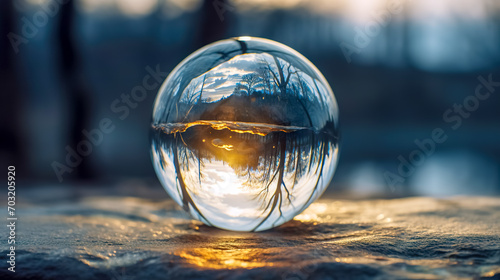  Crystal ball capturing the reflection of a sunset through winter trees.