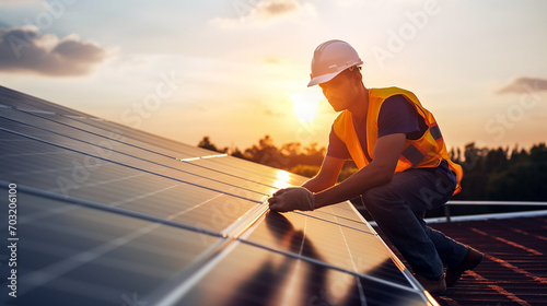 Solar power engineer installing solar panels on the roof, electrical technician at work, alternative renewable green energy generation concept photo