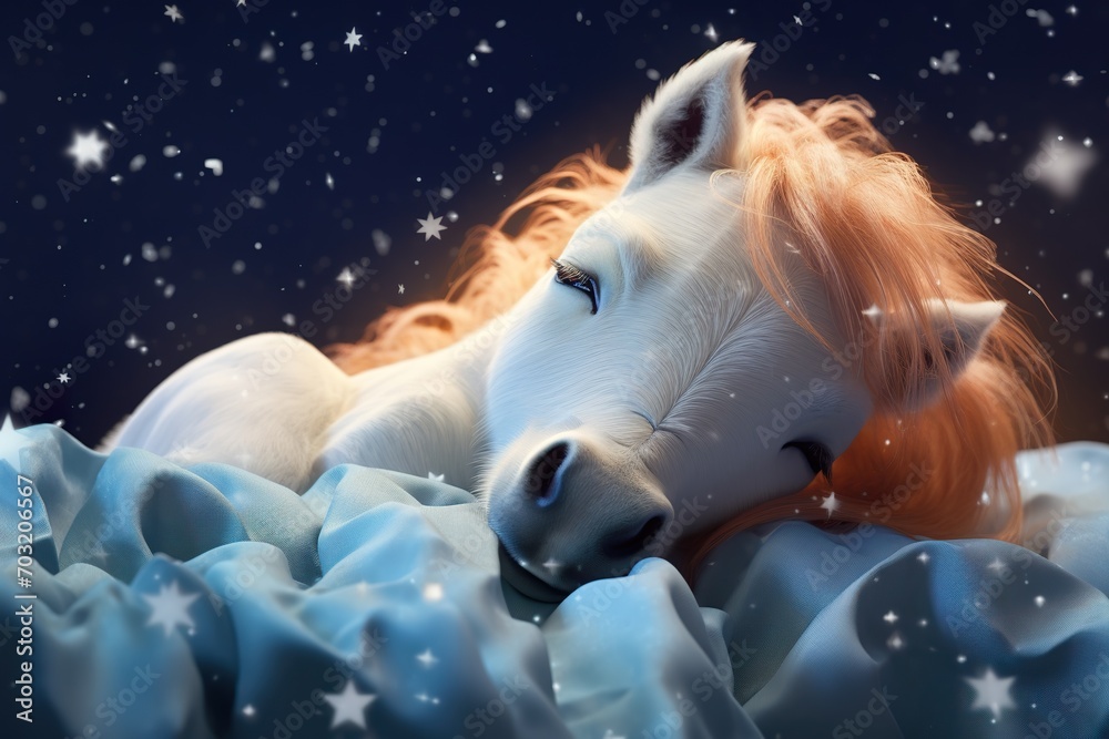 Baby cute Horse sleeping, with stars on the dreamy background
