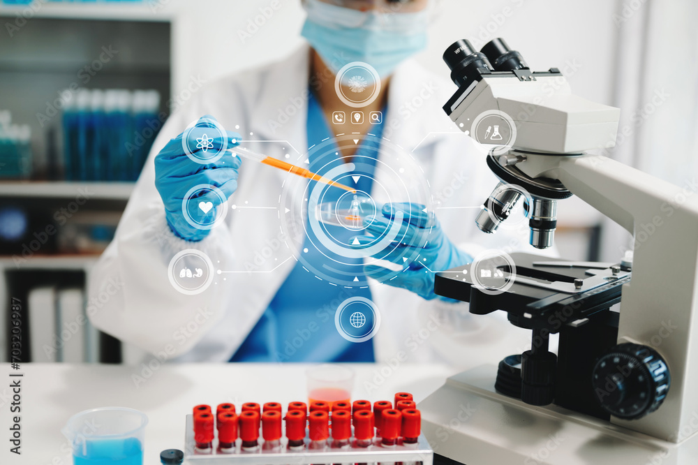 .Dctor work on digital tablet healthcare doctor technology tablet using computer in laboratory study with virtual icon .Dctor work on digital tablet healthcare doctor technology tablet using computer in laboratory study with virtual icon
