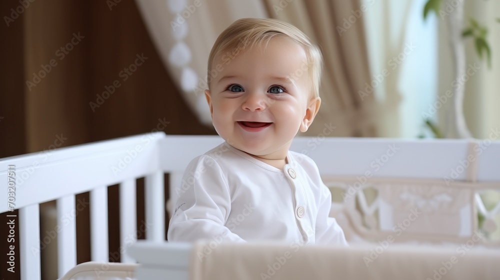 A cute little 1-2 year old baby with blonde hair is standing in a crib and laughing. Happy childhood. Kids's emotions A cute little 1-2 year old baby with blonde hair is standing in a crib and laughing. Happy childhood. Kids's emotions