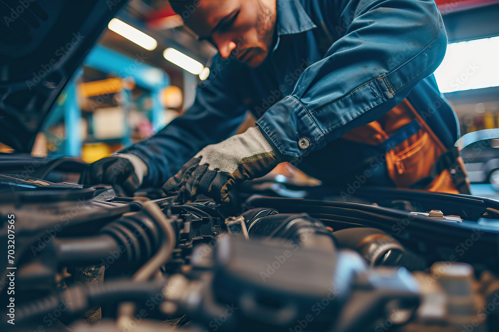 Professional auto mechanic working in auto repair service. Car service and repair